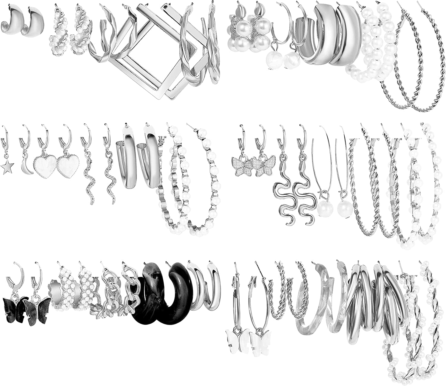 30 Pairs Gold Hoop Earrings Set for Women Girls, Fashion Chain Link Pearl Drop Earrings for Women Multipack Hypoallergenic Earrings for Birthday Party Jewelry Gift Apparel & Accessories > Jewelry > Earrings ShowAgain 2-silver