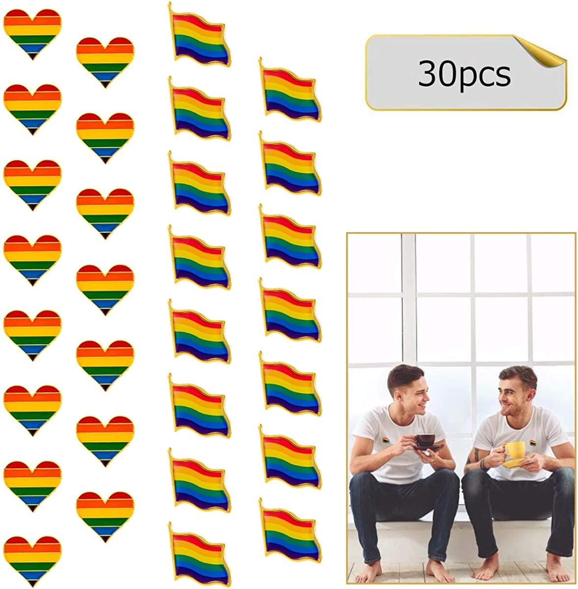 30 Pcs Gay Pride Rainbow Enamel Lapel Pin Set- 15Pcs Rainbow Gay Pride Flag LGBTQ Lapel Pin+ 15Pcs LGBTQ Gay Heart Flag Pride Pins Decoration for Men Women Clothes and Bags