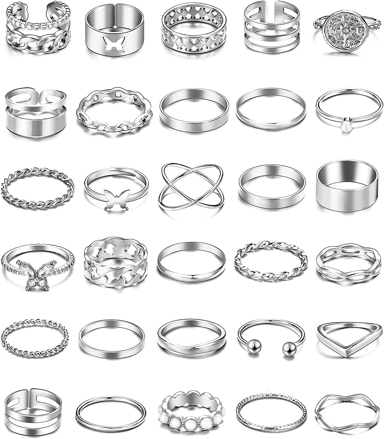 30 Pcs Vintage Gold Knuckle Rings Set, Boho Butterfly Snake Stackable Finger Rings for Women Girls, Silver Midi Rings Pack Silver pearl butterfly