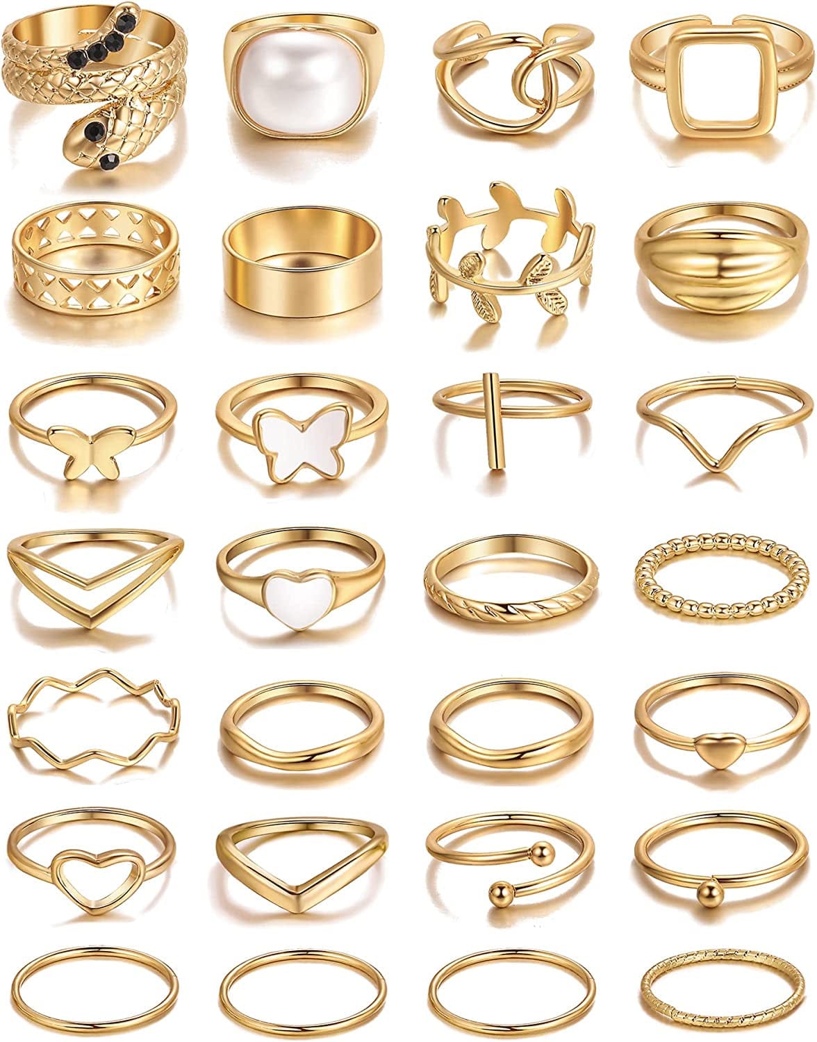 30 Pcs Vintage Gold Knuckle Rings Set, Boho Butterfly Snake Stackable Finger Rings for Women Girls, Silver Midi Rings Pack Gold simple rings