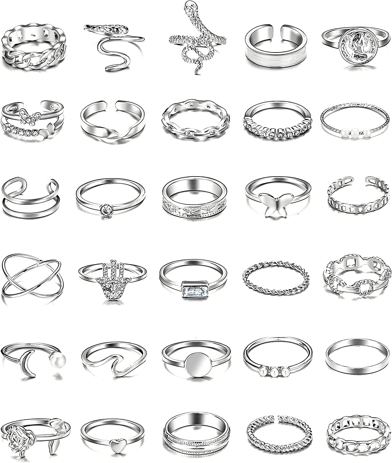 30 Pcs Vintage Gold Knuckle Rings Set, Boho Butterfly Snake Stackable Finger Rings for Women Girls, Silver Midi Rings Pack Silver snake flower
