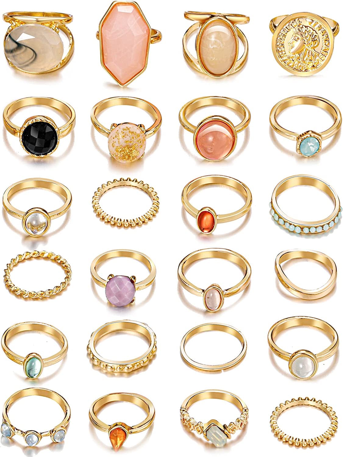 30 Pcs Vintage Gold Knuckle Rings Set, Boho Butterfly Snake Stackable Finger Rings for Women Girls, Silver Midi Rings Pack Gold gem 24 pcs