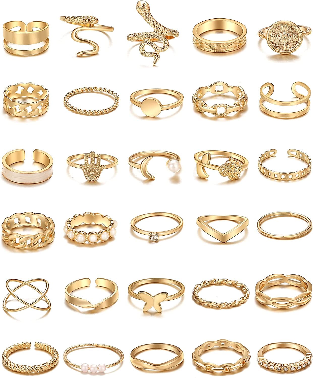 30 Pcs Vintage Gold Knuckle Rings Set, Boho Butterfly Snake Stackable Finger Rings for Women Girls, Silver Midi Rings Pack Gold pearl snake
