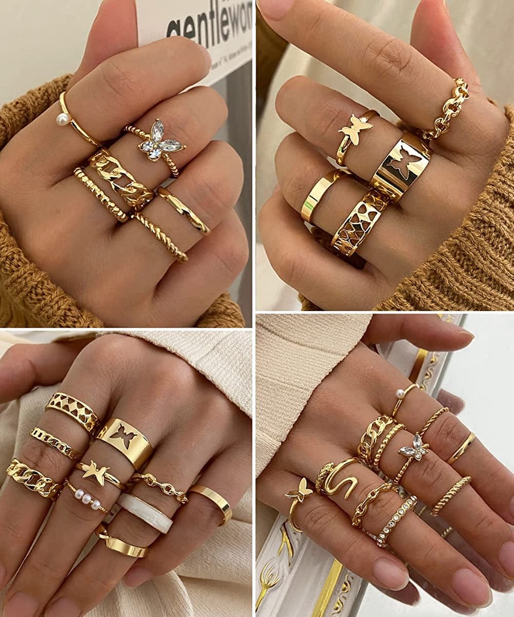30 Pcs Vintage Gold Knuckle Rings Set, Boho Butterfly Snake Stackable Finger Rings for Women Girls, Silver Midi Rings Pack