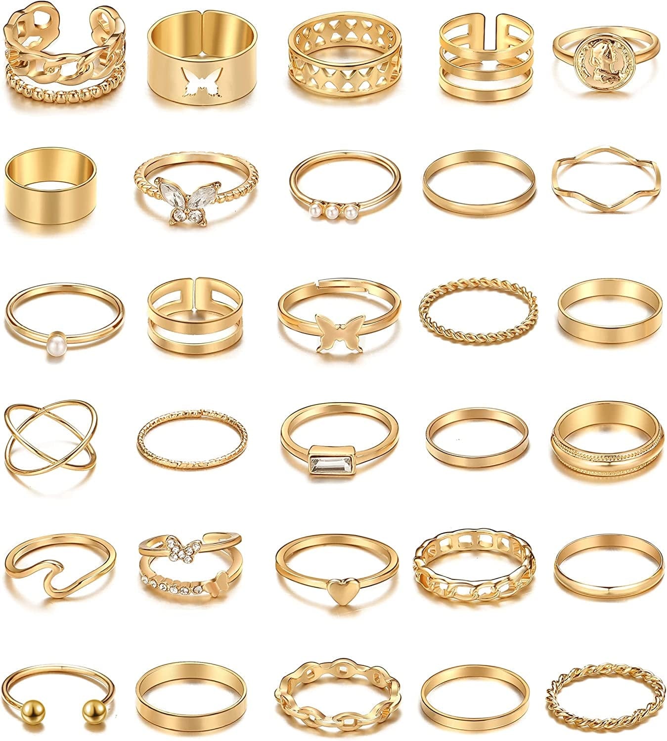 30 Pcs Vintage Gold Knuckle Rings Set, Boho Butterfly Snake Stackable Finger Rings for Women Girls, Silver Midi Rings Pack Gold wave butterfly