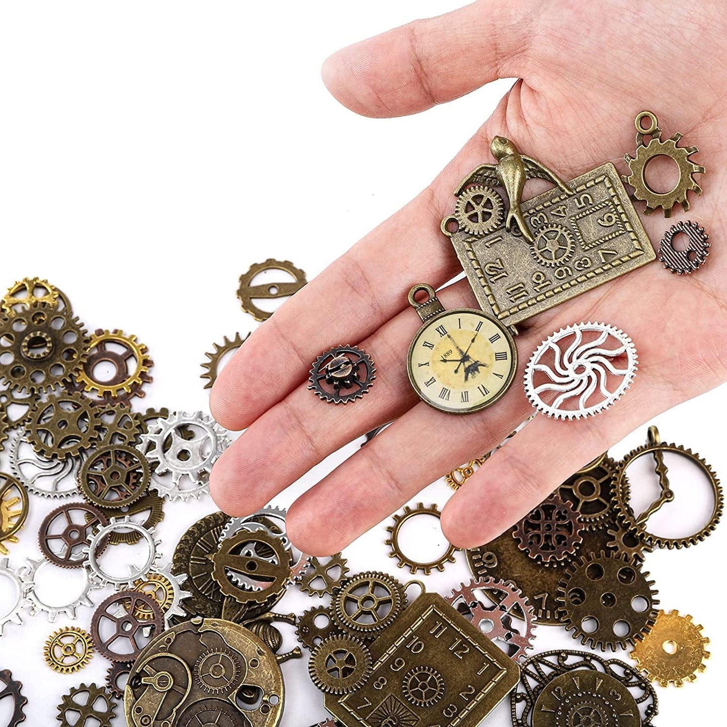 300 Gram Gears Charms, Mixed Vintage Bronze Watch Cog Wheel Set, DIY Metal Steampunk Pendant for Crafting, Jewelry Making Accessory