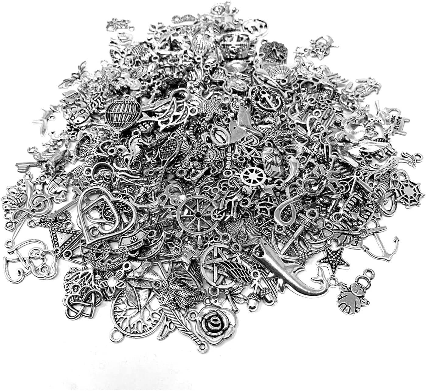 300 PCS Wholesale Bulk Lots Jewelry Making Charms Mixed Smooth Tibetan Silver Alloy Charms Pendants DIY for Bracelet Necklace Jewelry Making and Crafting