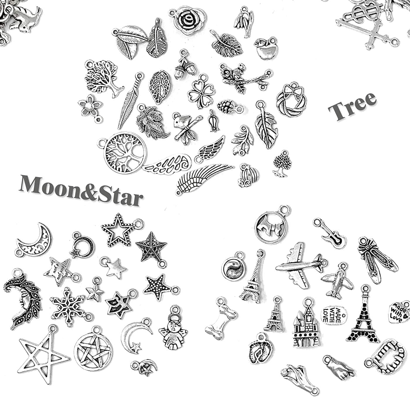 300 PCS Wholesale Bulk Lots Jewelry Making Charms Mixed Smooth Tibetan Silver Alloy Charms Pendants DIY for Bracelet Necklace Jewelry Making and Crafting