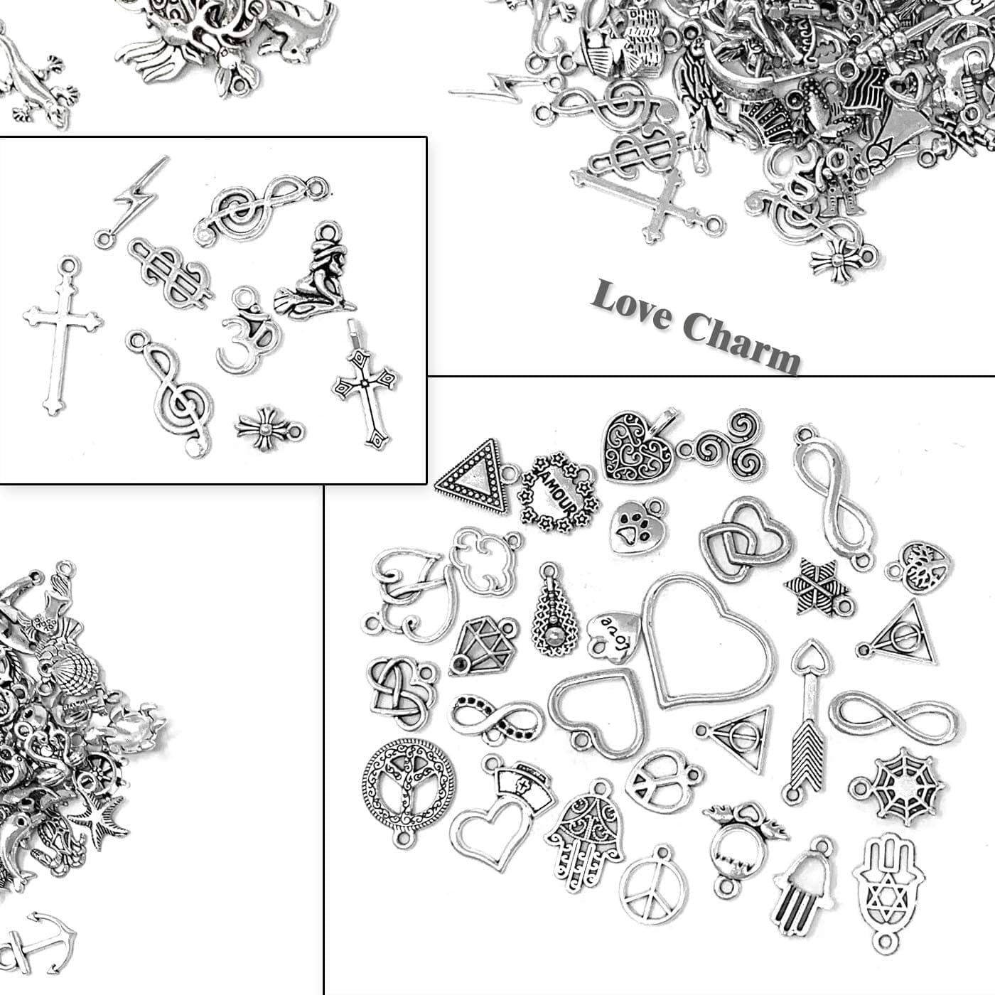 300 PCS Wholesale Bulk Lots Jewelry Making Charms Mixed Smooth Tibetan Silver Alloy Charms Pendants DIY for Bracelet Necklace Jewelry Making and Crafting