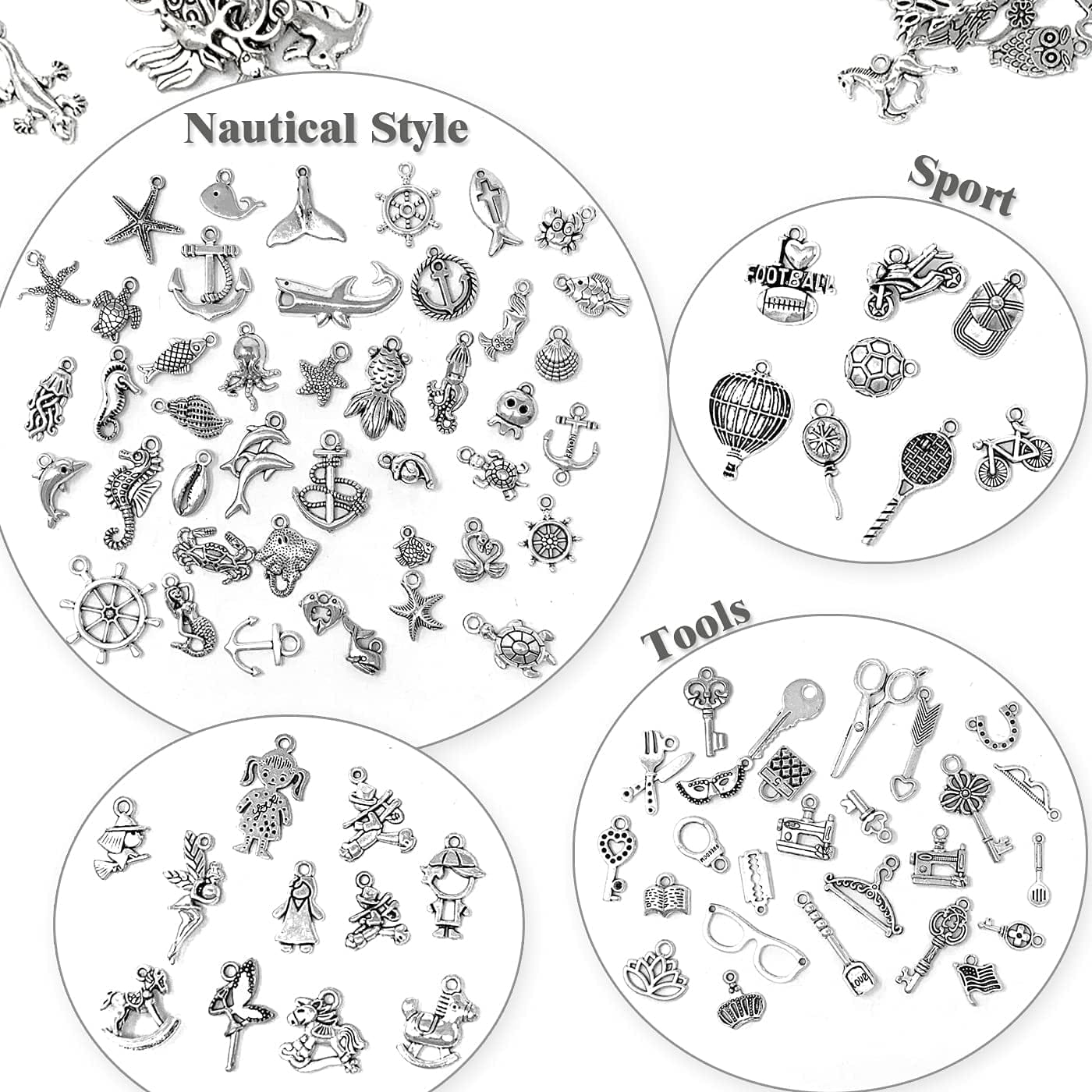 300 PCS Wholesale Bulk Lots Jewelry Making Charms Mixed Smooth Tibetan Silver Alloy Charms Pendants DIY for Bracelet Necklace Jewelry Making and Crafting