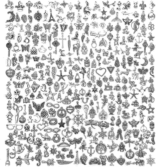 300 PCS Wholesale Bulk Lots Jewelry Making Charms Mixed Smooth Tibetan Silver Alloy Charms Pendants DIY for Bracelet Necklace Jewelry Making and Crafting