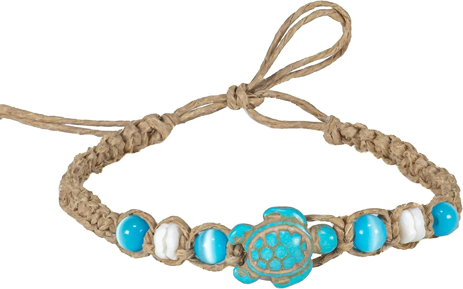 Bluerica Hemp Anklet Bracelet with Turquoise Sea Turtle, Blue Cat'S Eye Beads and Puka Shell Beads Apparel & Accessories > Jewelry > Anklets BlueRica
