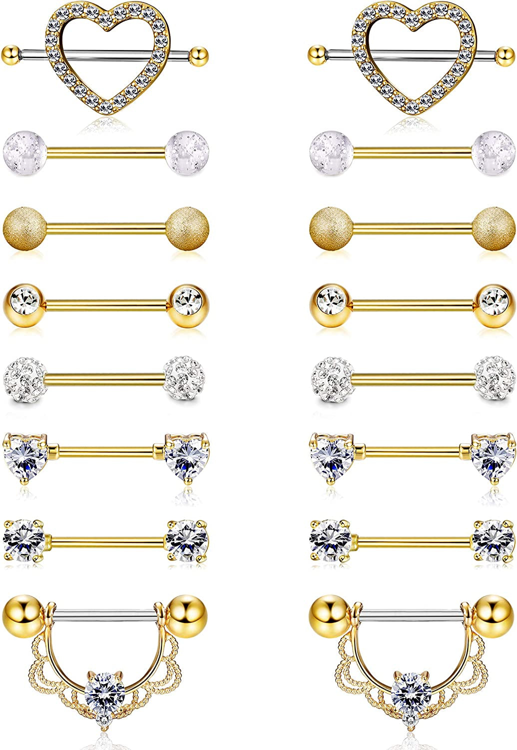 FINREZIO 6-8 Pairs 14G Nipple Rings 316L Surgical Steel Heart CZ Tongue Barbell Body Piercing Shield Ring Set 5/8 Inches Apparel & Accessories > Jewelry > Body Jewelry FINREZIO Gold tone