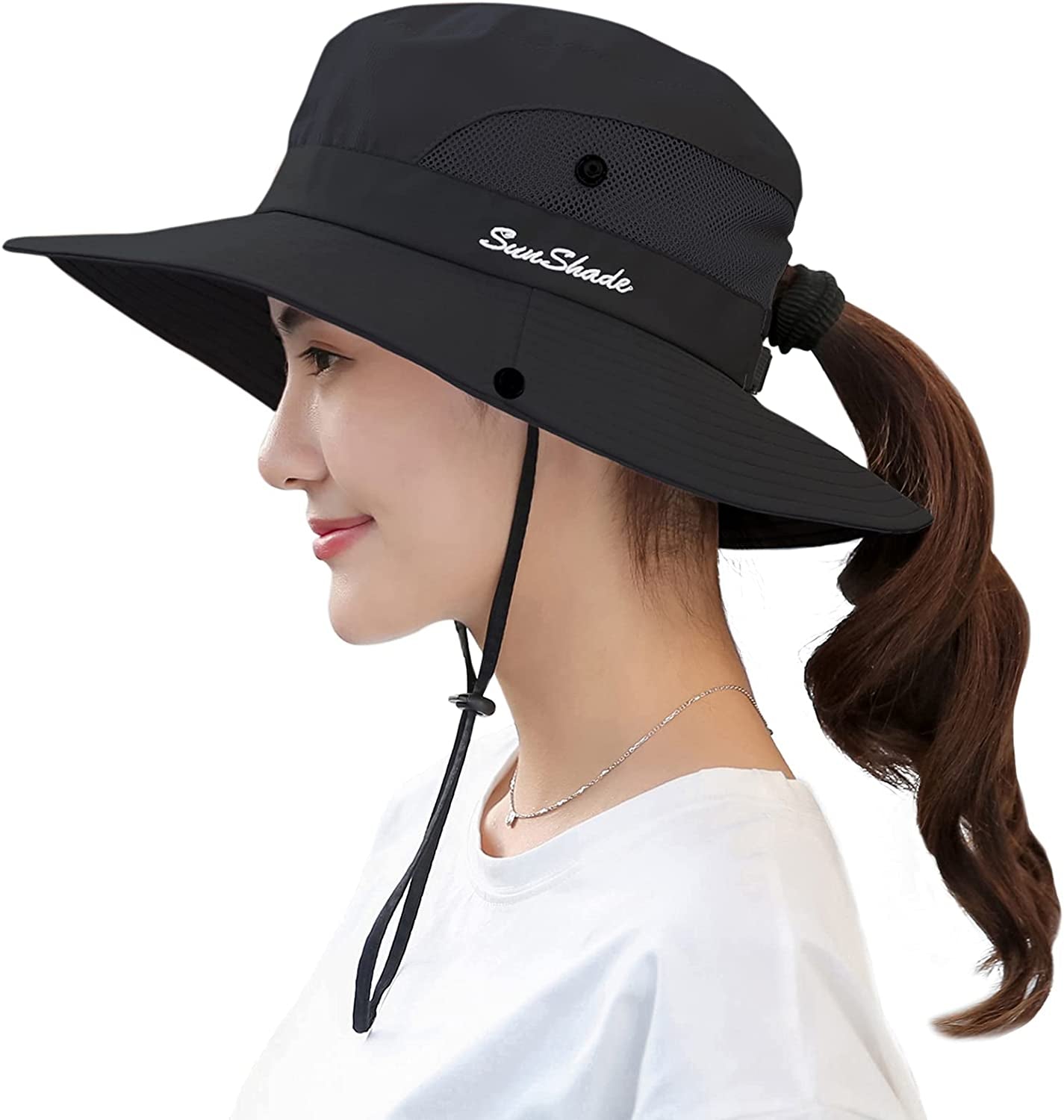 Muryobao Women'S Ponytail Sun Hat UV Protection Foldable Mesh Wide Brim Beach Fishing Hat Apparel & Accessories > Clothing Accessories > Hats Muryobao Pure Black