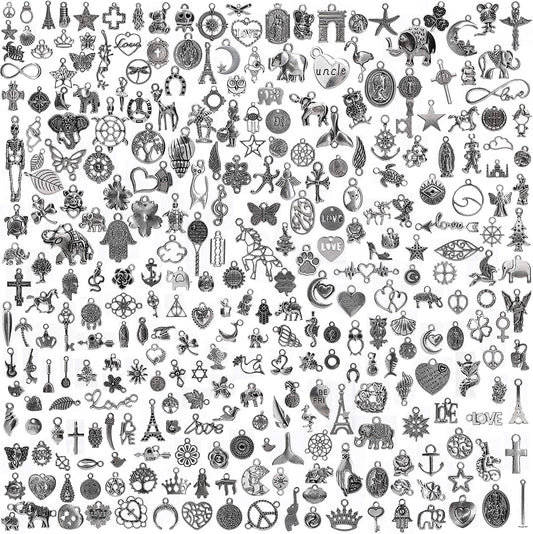 300Pcs Bulk Lots Charms for Jewelry Making Supplies Kit Craft Accessories Bracelet Necklace Pendant Earring Keychain Tibetan Silver Wholesale