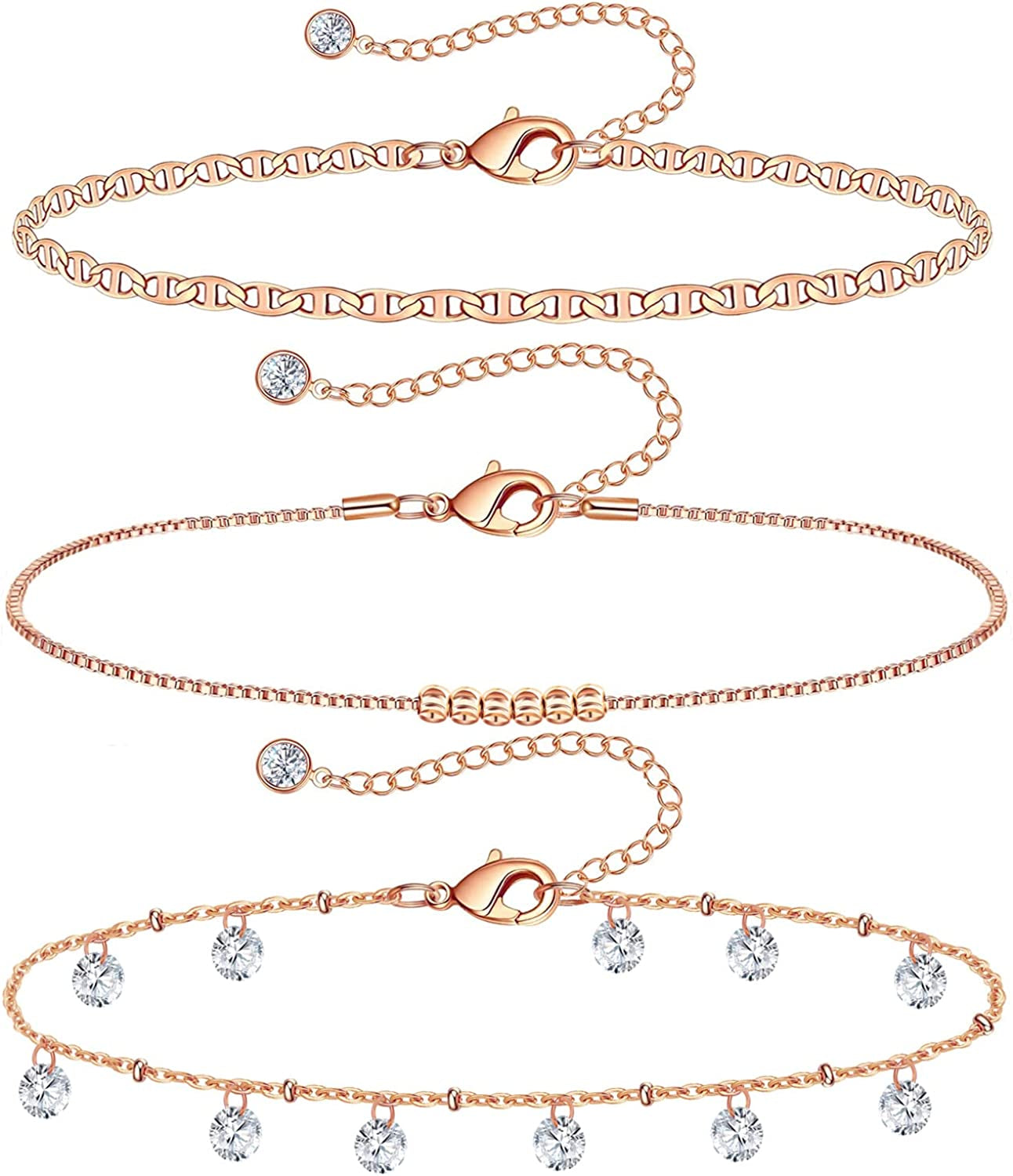 Gold Ankle Bracelets for Women 14K Gold Plated Anklet Silver Rose Gold Evil Eye Tennis Crystal Cubic Zirconia Faux Diamond Rhinestone Anklet Dainty Layered Anklet Set 3Pcs Apparel & Accessories > Jewelry > Anklets Vermeyen F-Rose Gold Flat Mariner