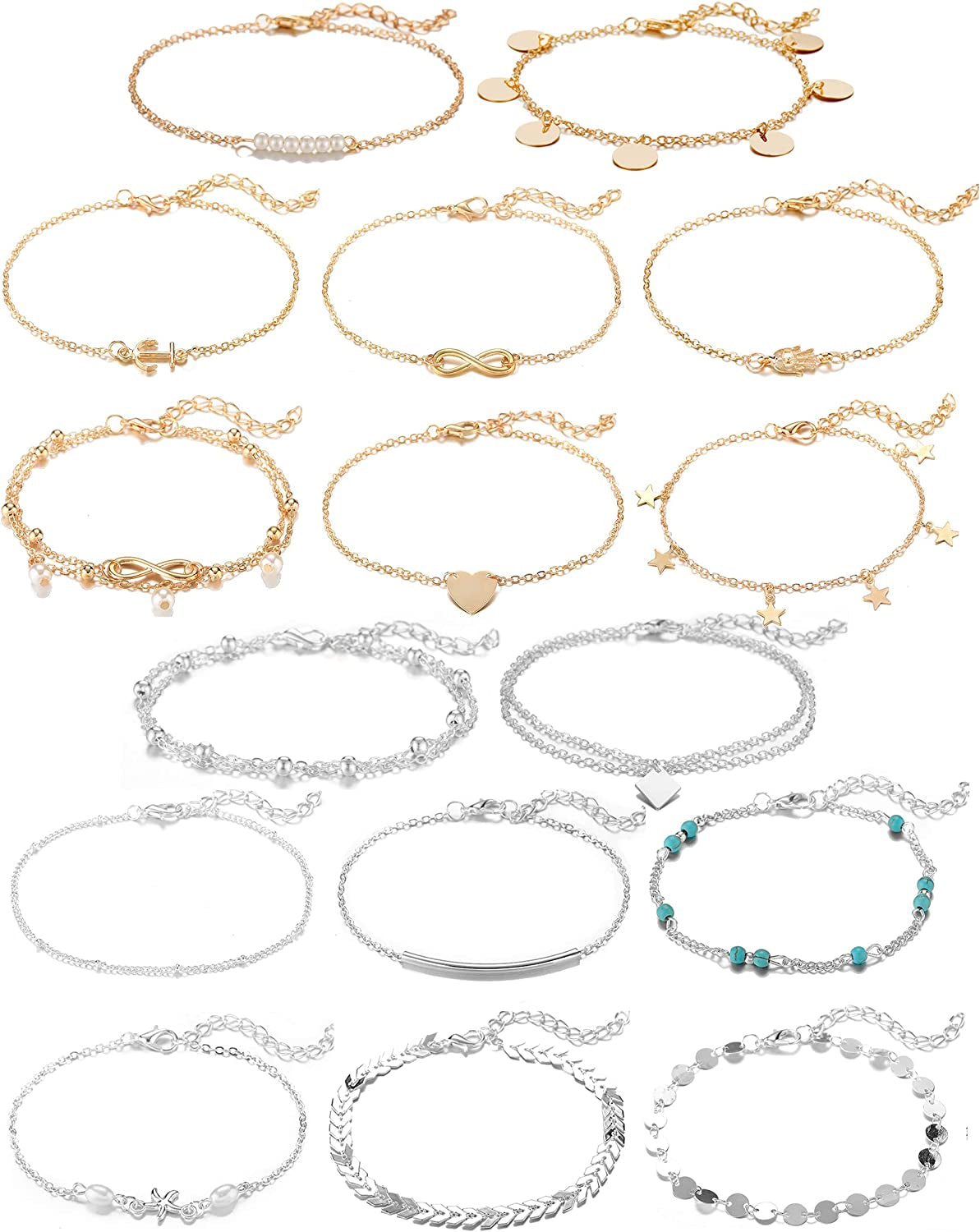Softones 16Pcs Ankle Bracelets for Women Girls Gold Silver Two Style Chain Beach Anklet Bracelet Jewelry Anklet Set,Adjustable Size Apparel & Accessories > Jewelry > Anklets Softones C:8-gold 8-silver