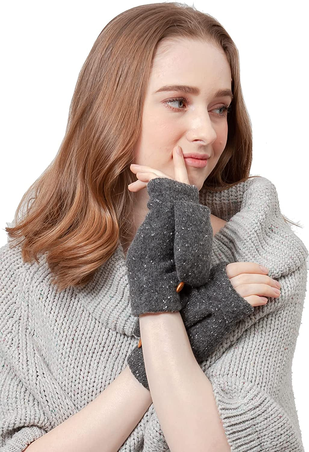 BYOS Women'S Winter Cozy Diamond Pattern Fleece Lined Flip Top Convertible Knit Gloves Mittens Apparel & Accessories > Clothing Accessories > Gloves & Mittens Be Your Own Style Speckle Charcoal Gray