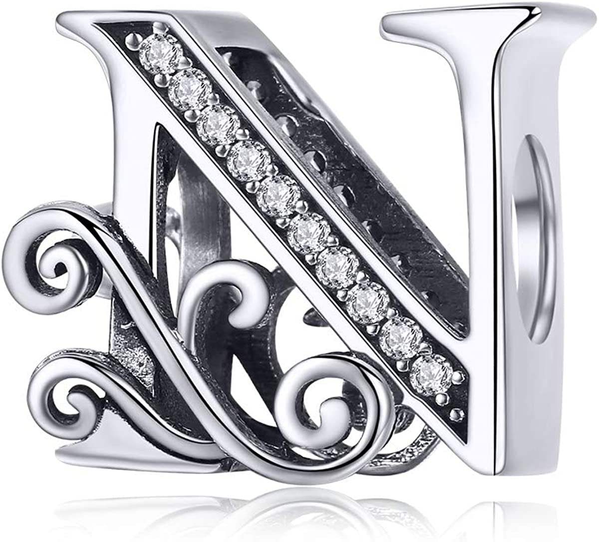 Solid 925 Sterling Silver with Cubic Stones, Complete A~Z Gift Options Alphabet Charm Letter Beads Fit Pandora European Bracelets Apparel & Accessories > Jewelry > Bracelets ABAOLALA ALPHABET N