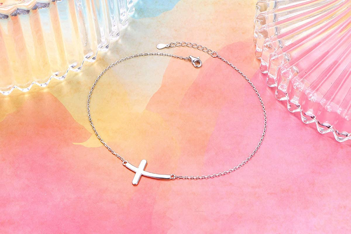 ATHENAA S925 Sterling Silver Concise Sideways Cross Pendant Necklace Bracelet Anklet Apparel & Accessories > Jewelry > Anklets ATHENAA Jewelry Factory
