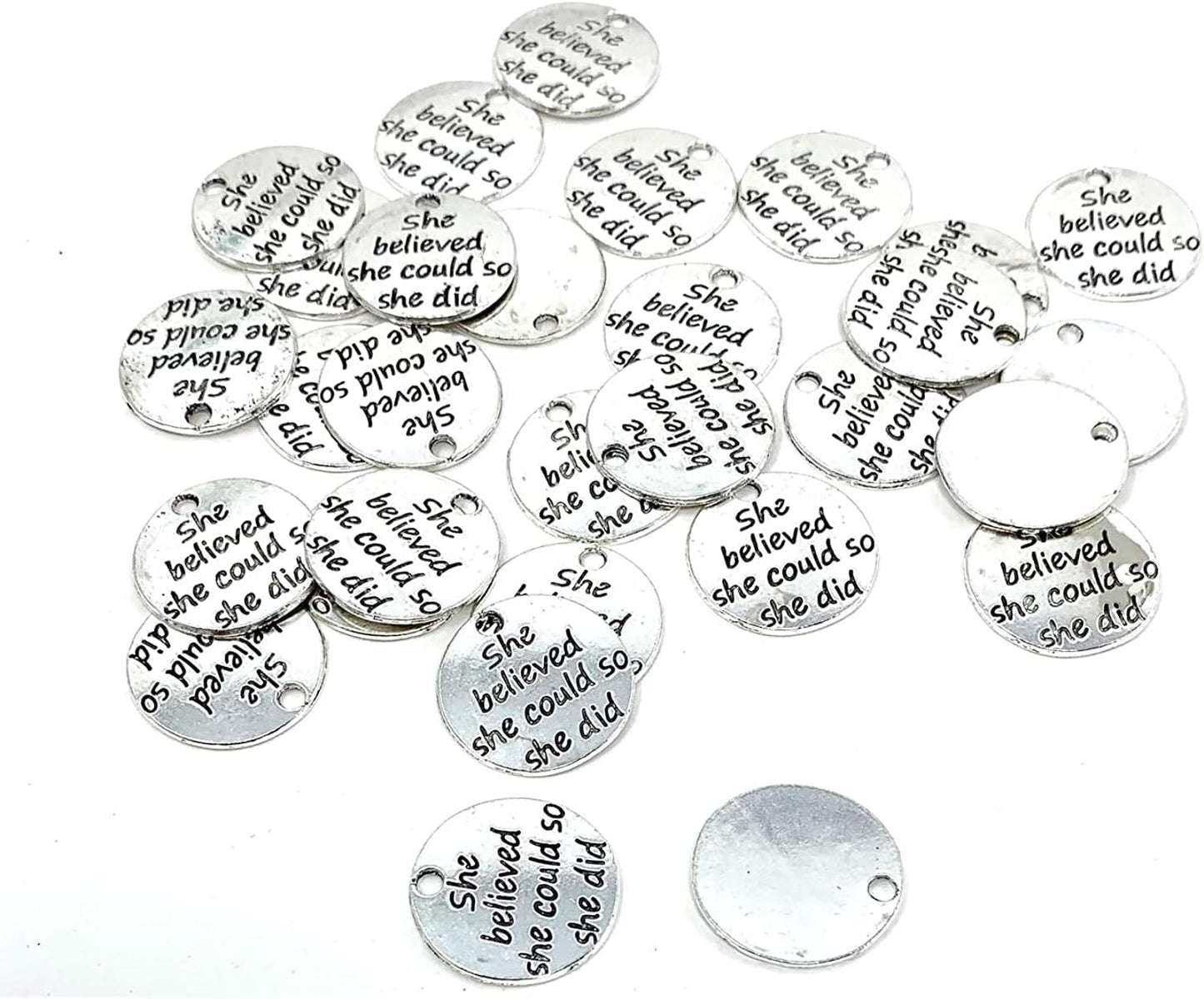 30Pcs Alloy She Believed She Could so She Did DIY Message Charms Pendant for Crafting Bracelet Necklace Jewelry Making Accessory, Antique Silver Round