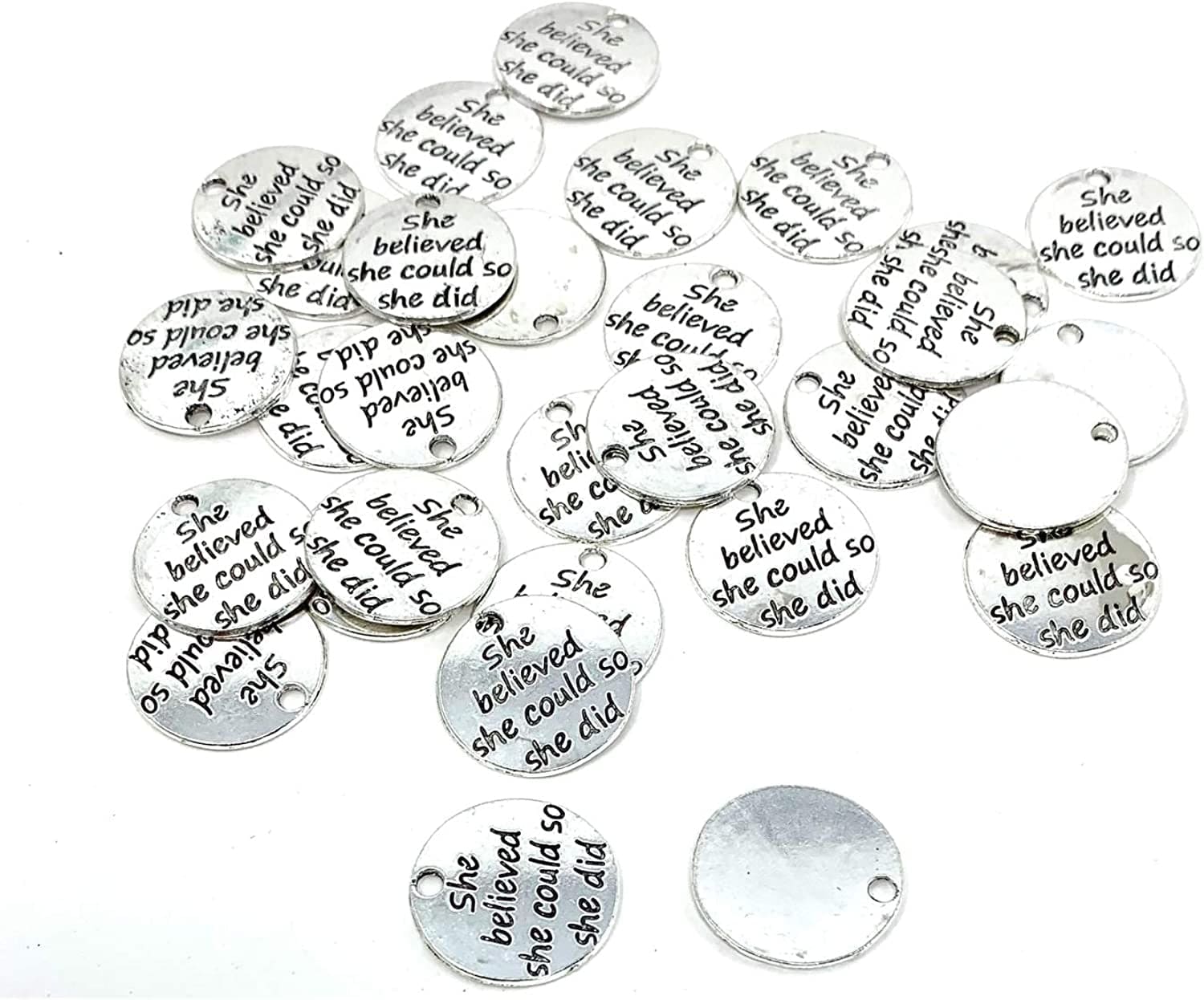 30Pcs Alloy She Believed She Could so She Did DIY Message Charms Pendant for Crafting Bracelet Necklace Jewelry Making Accessory, Antique Silver Round