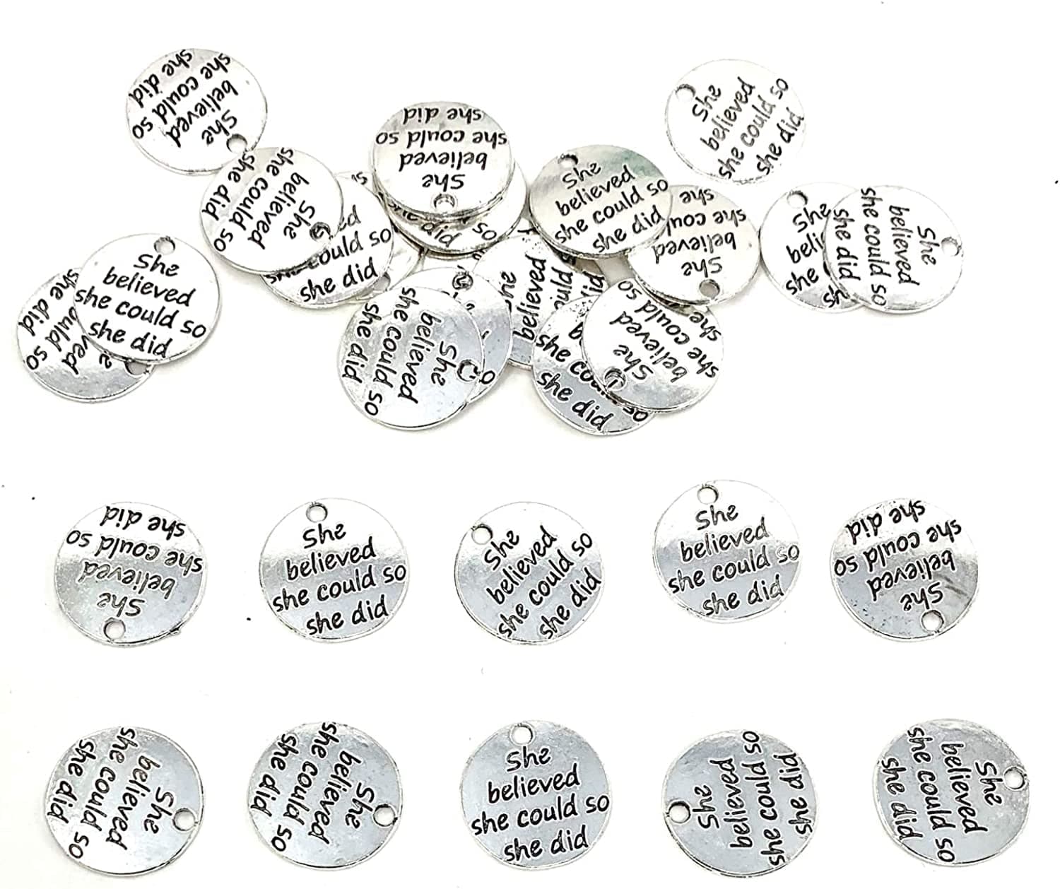 30Pcs Alloy She Believed She Could so She Did DIY Message Charms Pendant for Crafting Bracelet Necklace Jewelry Making Accessory, Antique Silver Round