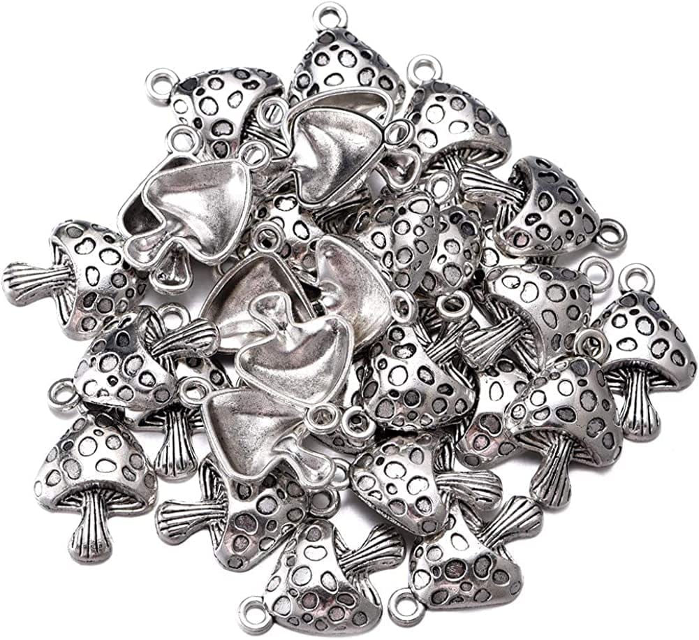 30Pcs Antique Silver Mushroom Charms Craft Supplies Pendants Beads Charms Pendants for Crafting Jewelry Findings Making Accessory for DIY Necklace Bracelet 17Mmx26Mm(A565)