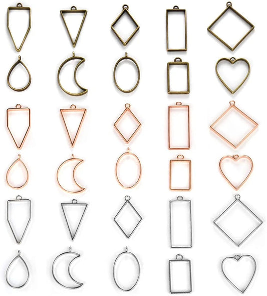 30PCS Bezel Open Back Pendant Blanks Charms Hollow Mold Pendant Assorted Geometric Frame Pendant DIY Crafts for Resin Jewelry Making Assorted