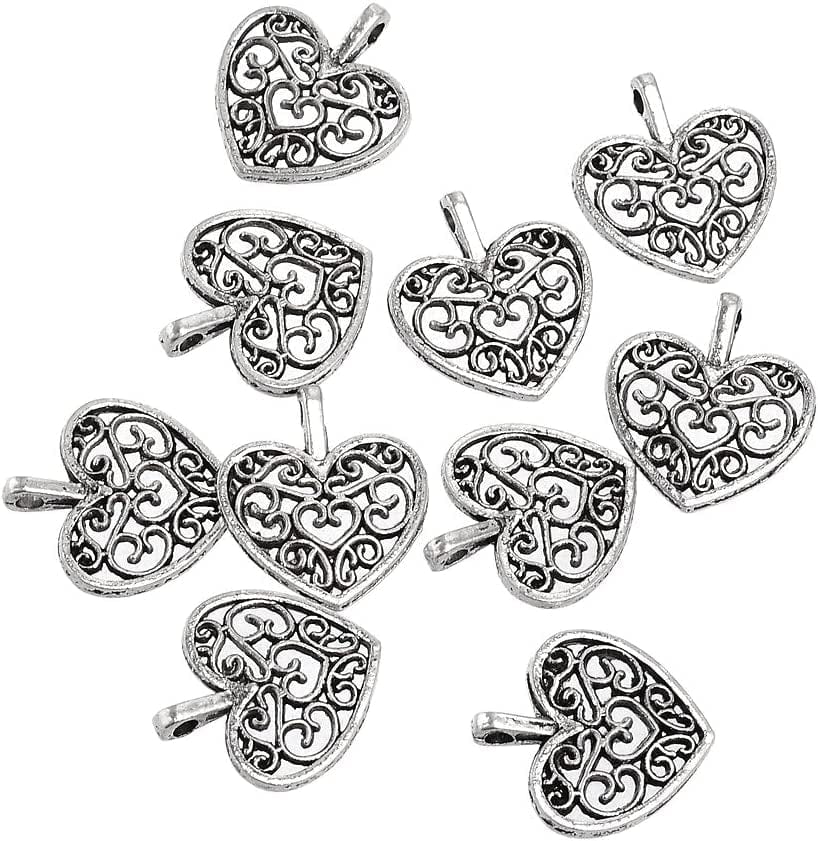 30PCS Charm Pendant Butterfly Tibetan Metal Beads Silver Color for Jewelry Making Bracelet Heart-patterns / 90 PCS