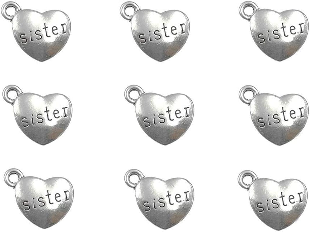 30Pcs Daughter Charm,Heart Shape Double-Faced Pendant for DIY Bracelet Necklace Jewelry Making Findings(Antique Silver) sister(Antique Silver)
