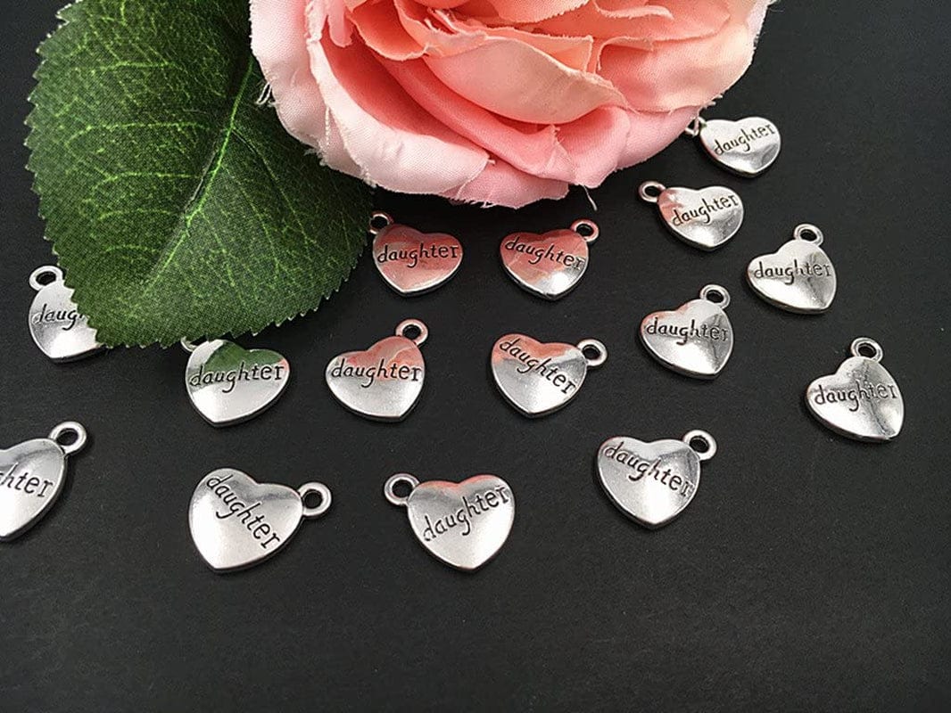 30Pcs Daughter Charm,Heart Shape Double-Faced Pendant for DIY Bracelet Necklace Jewelry Making Findings(Antique Silver)