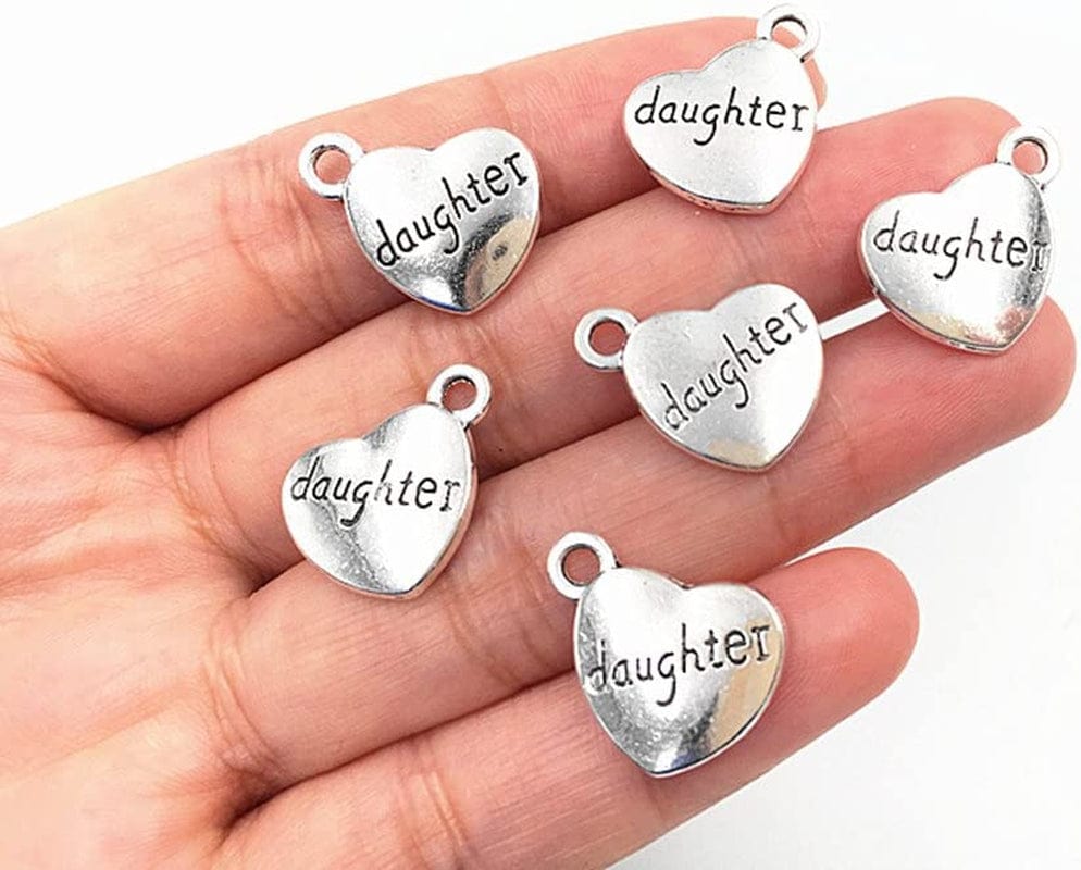 30Pcs Daughter Charm,Heart Shape Double-Faced Pendant for DIY Bracelet Necklace Jewelry Making Findings(Antique Silver)
