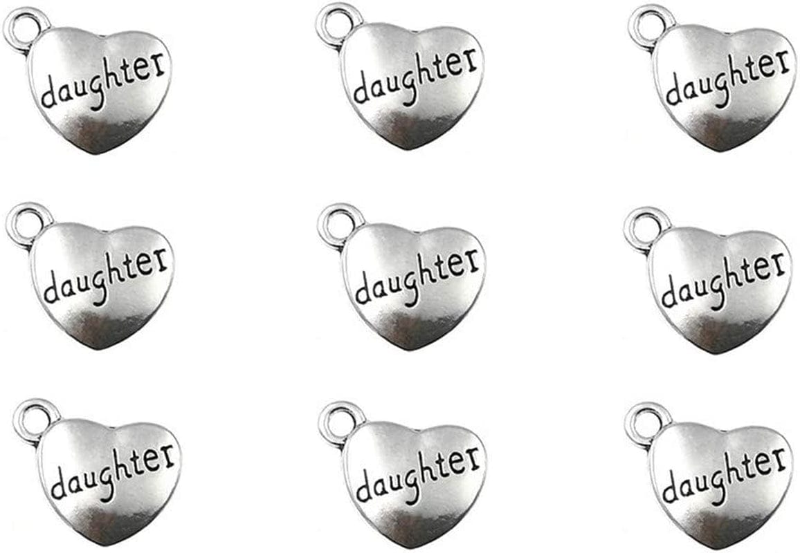 30Pcs Daughter Charm,Heart Shape Double-Faced Pendant for DIY Bracelet Necklace Jewelry Making Findings(Antique Silver) daughter(Antique Silver)