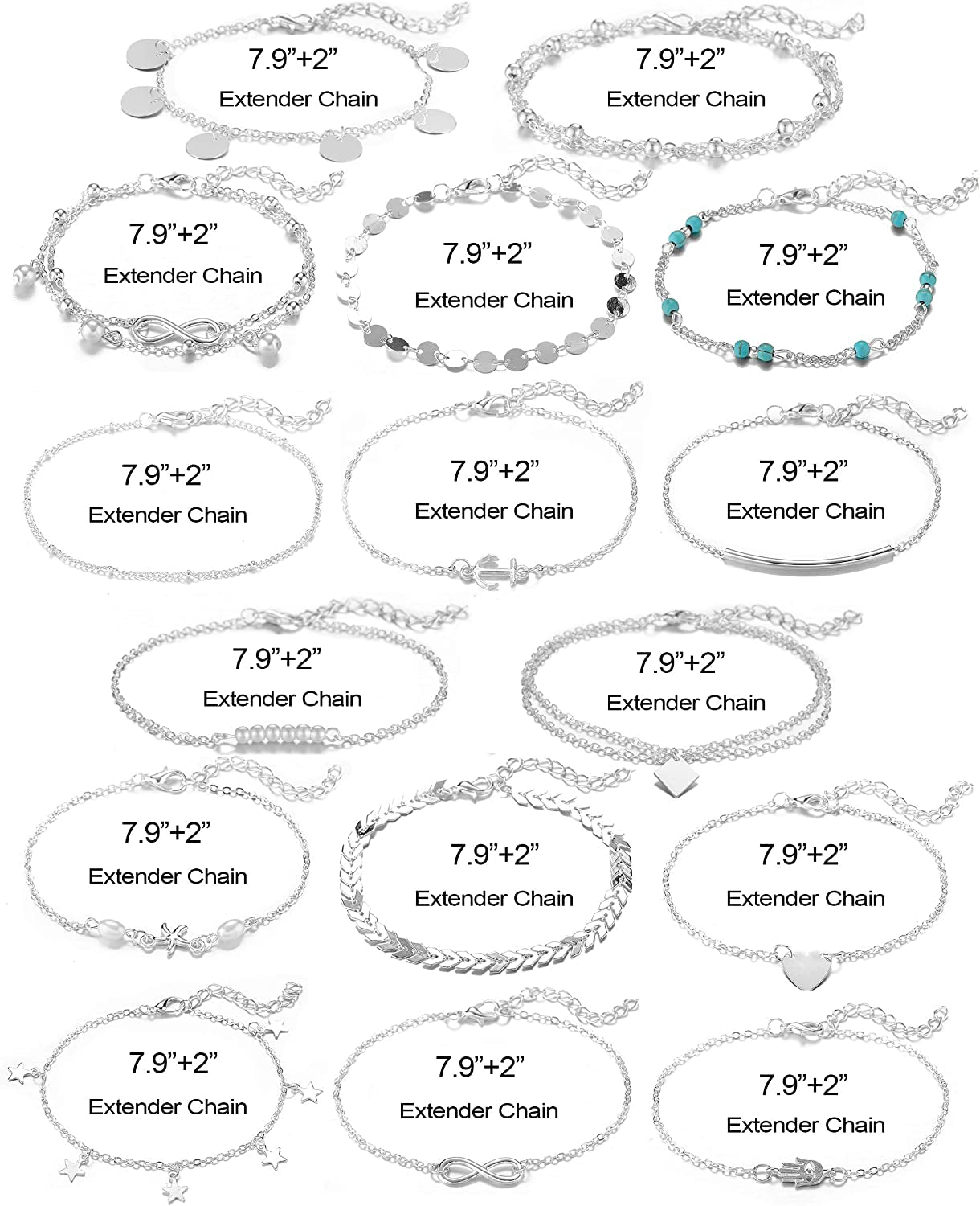 Softones 16Pcs Ankle Bracelets for Women Girls Gold Silver Two Style Chain Beach Anklet Bracelet Jewelry Anklet Set,Adjustable Size Apparel & Accessories > Jewelry > Anklets Softones