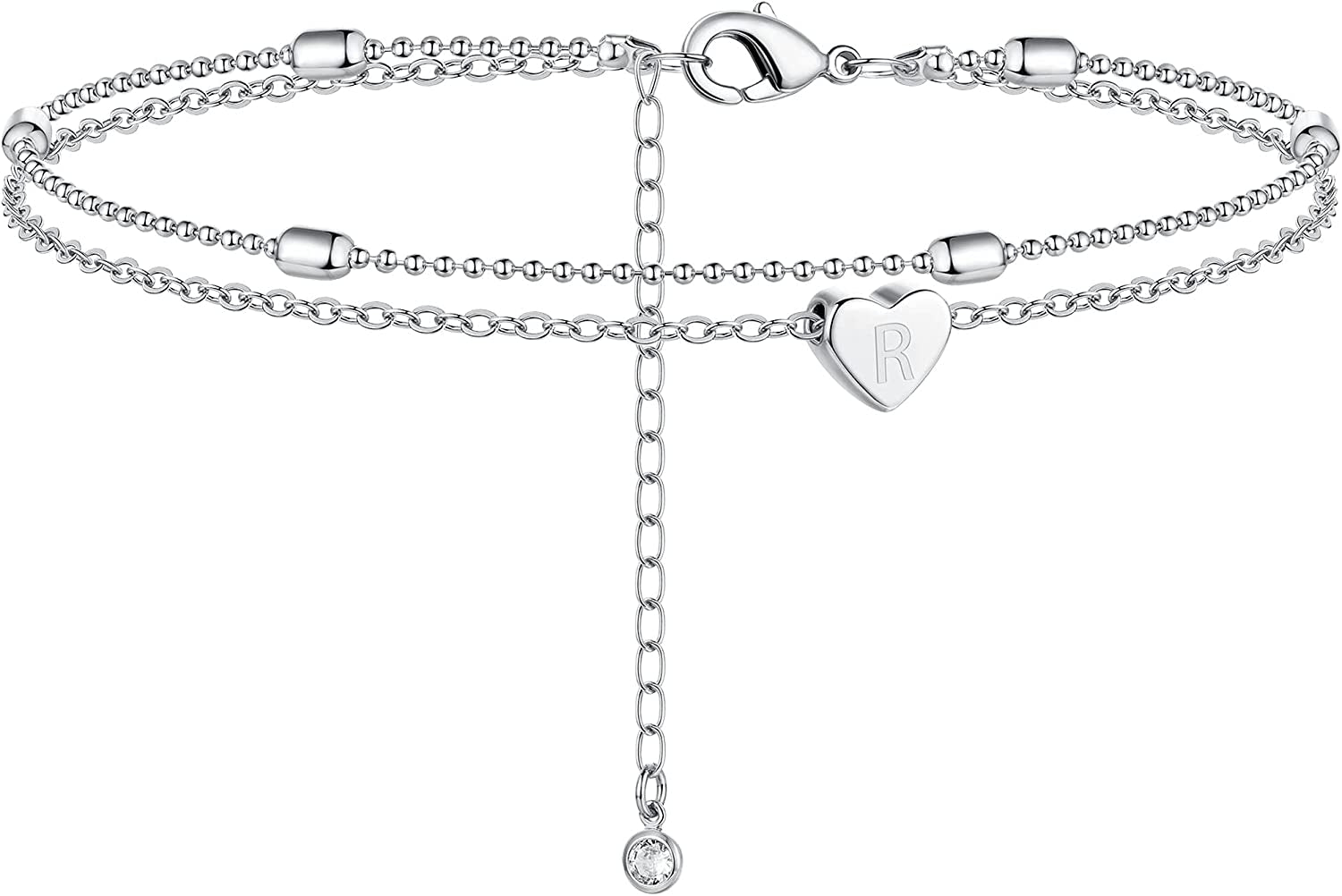 Moodear Silver Ankle Bracelets for Women, Sterling Silver Initial Anklet Layered Dainty Tiny Heart Charm Handmade Carved Alphabet A-Z Letter Ankle Bracelet Beaded Foot Chain Personalized Name Anklets Summer Cute Boho Beach Gift for Her Apparel & Accessories > Jewelry > Anklets Moodear Sterling Silver-R