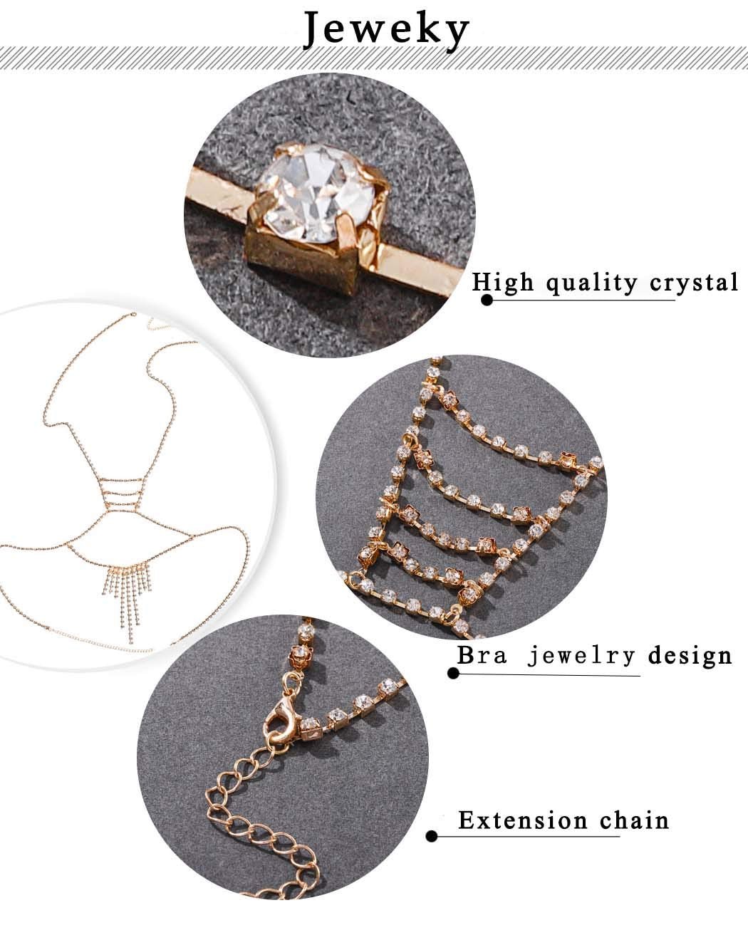 Jeweky Boho Rhinestone Body Chain Gold Crystal Harness Body Jewelry Beach Bikini Bra Jewelry for Women and Girls Apparel & Accessories > Jewelry > Body Jewelry Artist Unknown