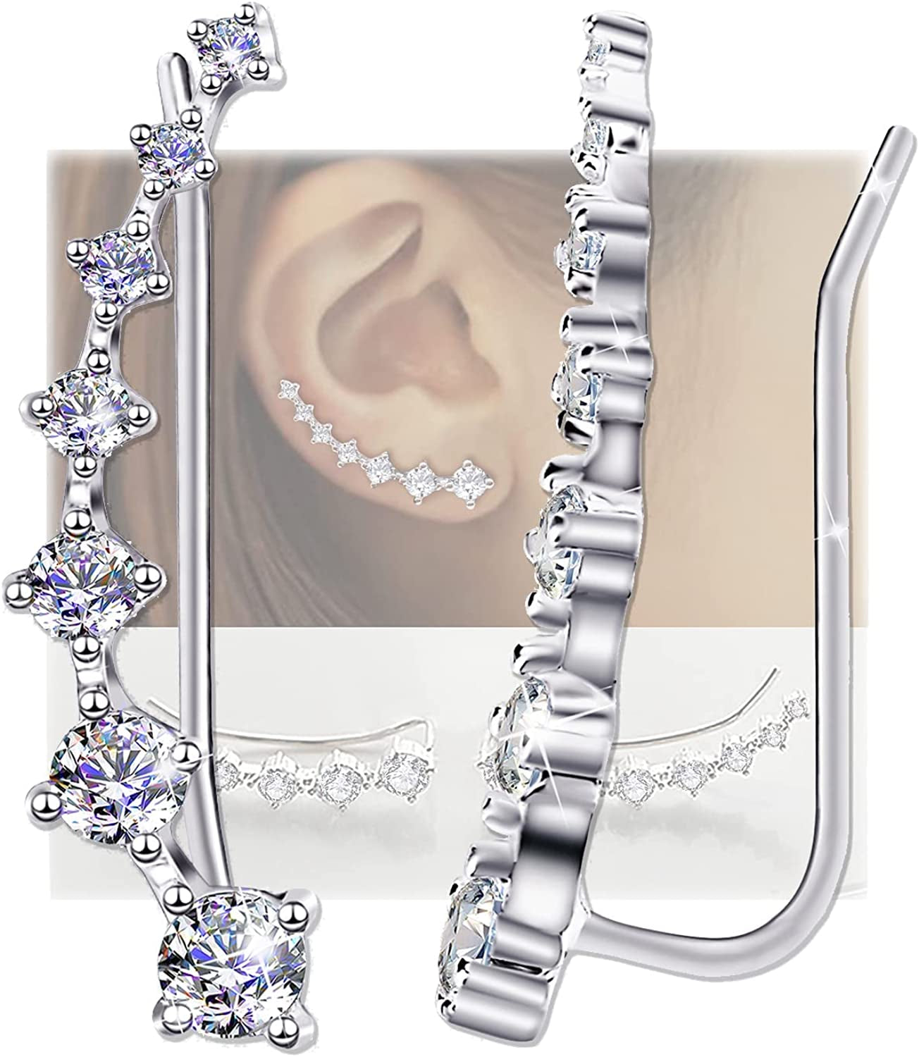Earring for Women Cartilage 7 Crystals Ear Cuffs Hoop Climber S925 Sterling Silver Earrings with Cubic Zirconia CZ Hypoallergenic Piercing Gifts for Her Apparel & Accessories > Jewelry > Earrings Elensan