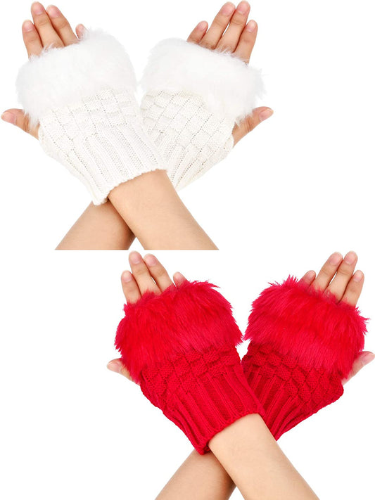 Boao 2 Pairs Fingerless Winter Gloves Short Touchscreen Gloves Thumb Hole Mittens Knitted Warm Gloves with Faux Fur Apparel & Accessories > Clothing Accessories > Gloves & Mittens Boao White and Red