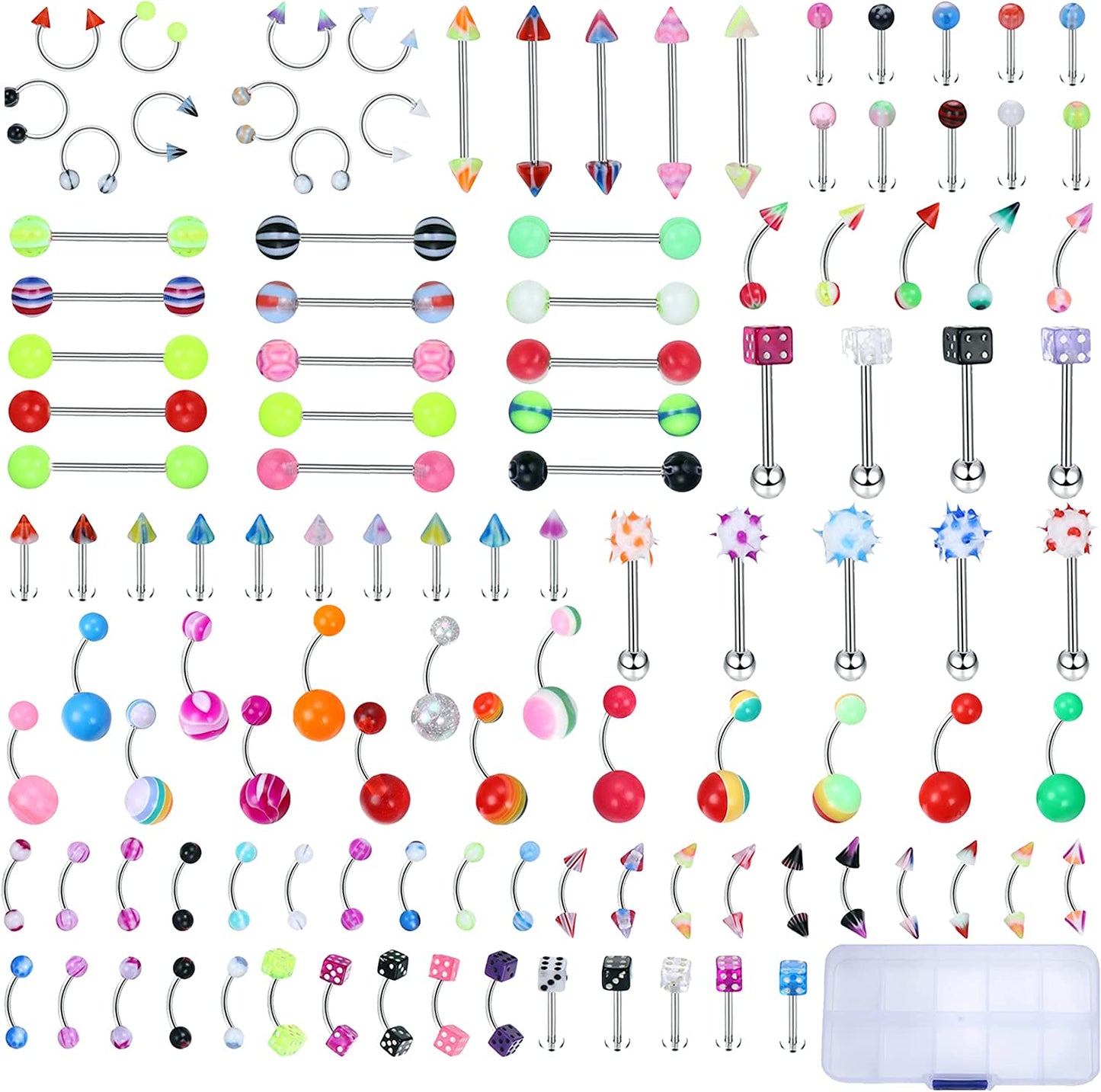 JOERICA 115 Pcs Body Piercing Jewelry for All Piercings 316L Stainless Steel Tongue Nipple Eyebrow Lip Belly Button Nose Tragus Horseshoe Barbell Rings Body Piercing for Women Piercings Jewelry Set 14G-20G Apparel & Accessories > Jewelry > Body Jewelry JOERICA