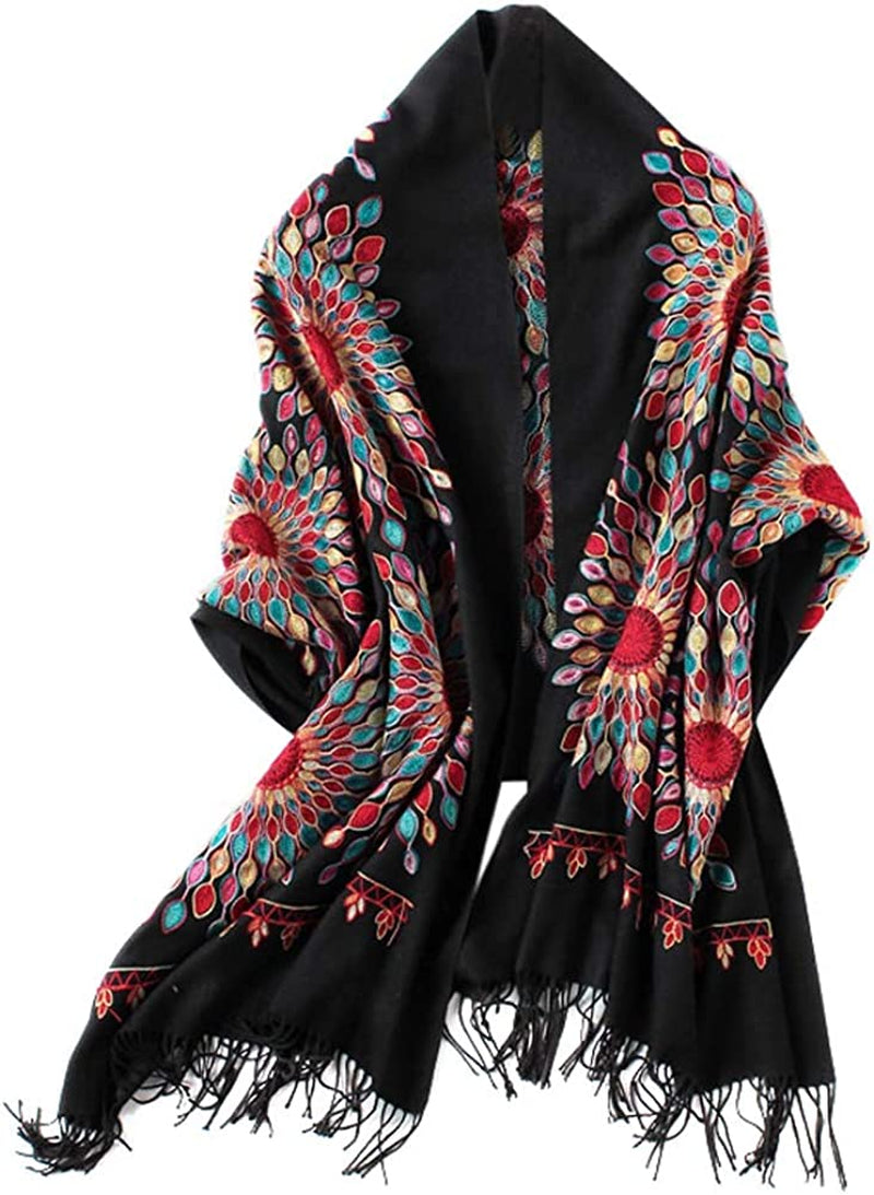 Women'S Embroidered Oversize Tassel Shawl Scarf Wraps for Women Apparel & Accessories > Clothing Accessories > Scarves & Shawls Urban CoCo Black