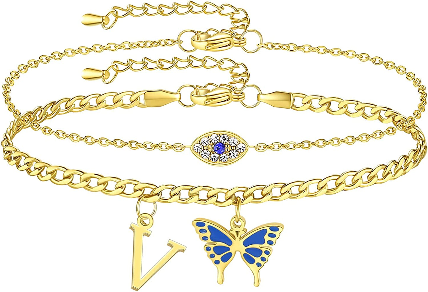 SAM & LORI 2 Pcs Anklets Set 18K Gold Plated Dainty Layered Personalized Initial Anklets Bracelets - Blue Butterfly - Sparkling CZ Evil Eye - Adjustable Summer Jewelry for Women Teen Girls Apparel & Accessories > Jewelry > Anklets SAM & LORI "Butterfly Evil Eye - V