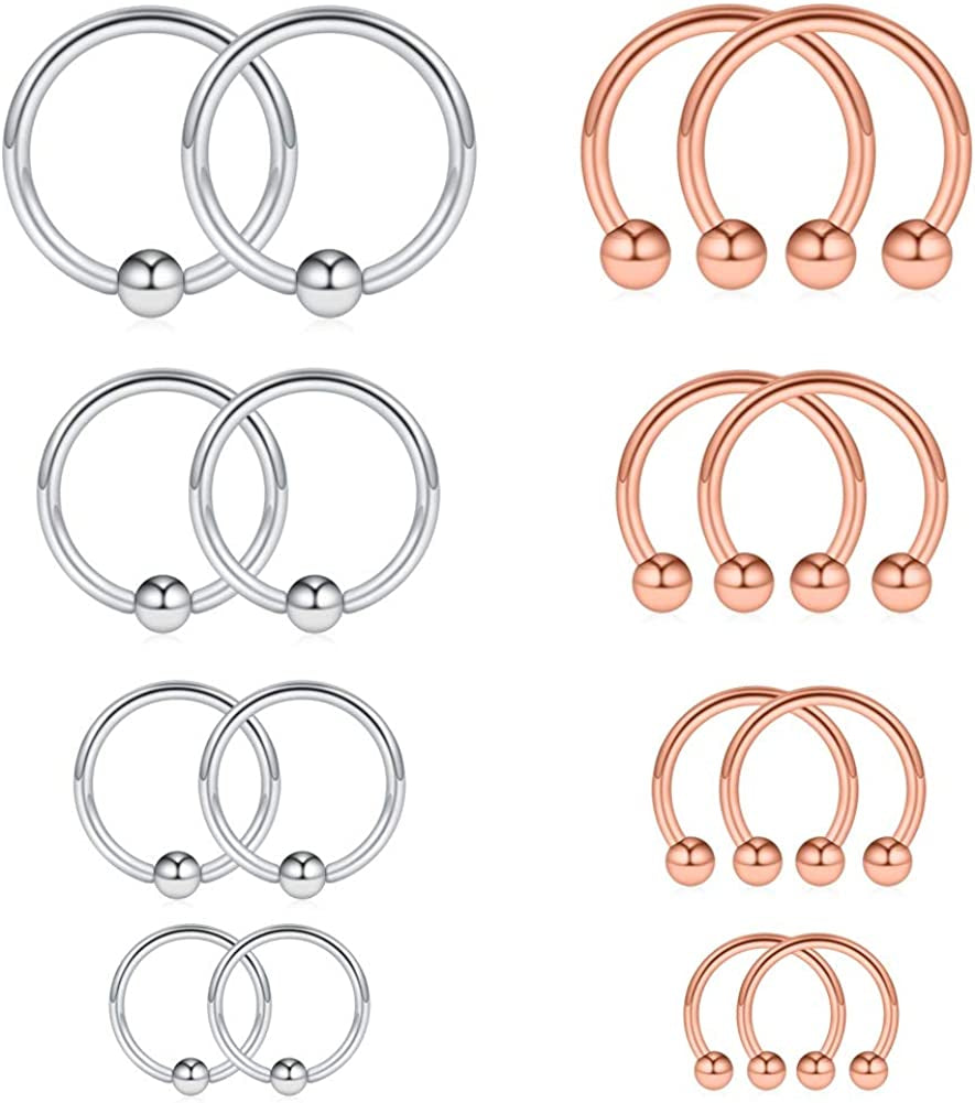 Ruifan 16-24PCS 16G Surgical Steel Horseshoe & Captive Bead Nose Hoop Septum Earring Eyebrow Tongue Lip Nipple Helix Tragus Piercing Jewelry Rings 6-16Mm Apparel & Accessories > Jewelry > Rings Ruifan 16PCS -Silver & Rose Gold