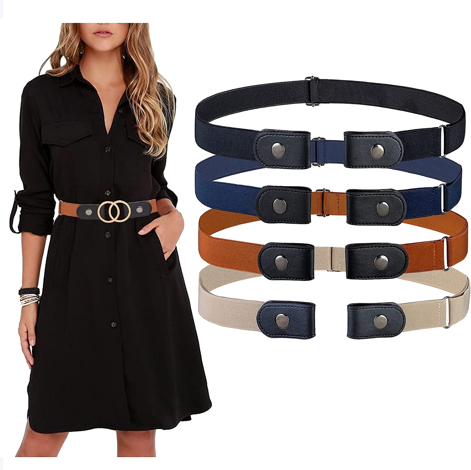 MSTOKIN No Buckle Stretch Belt Invisible Elastic Buckleless Belts for Jeans Double O Ring Belt for Waist Dress Pack of 4,2 Apparel & Accessories > Clothing Accessories > Belts MSTOKIN Black /Coffee /Navy /Khaki