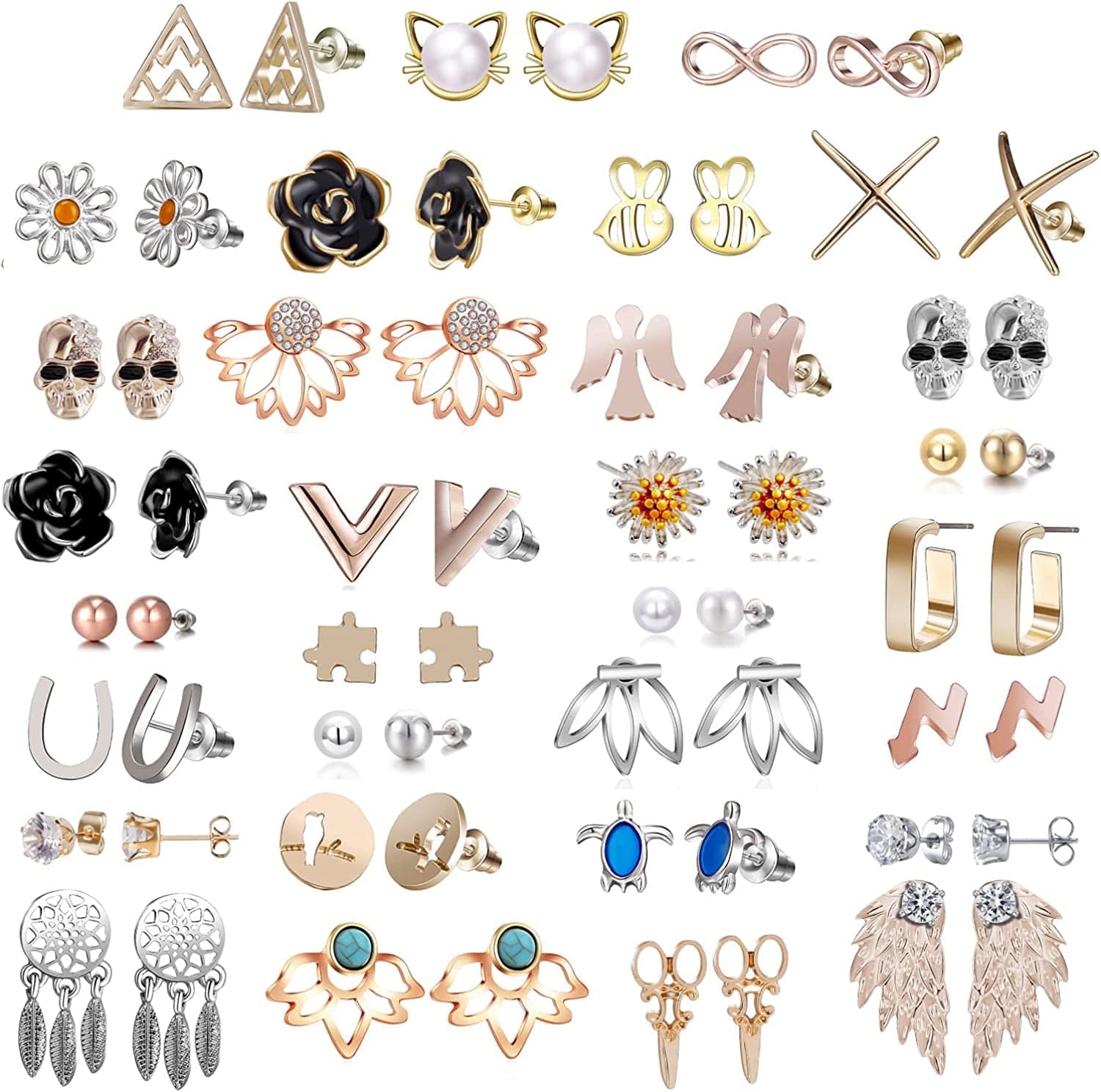 32 Pairs Assorted Stainless Steel Stud Earrings for Teens Girls Women-Cute Animal Faux Pearl Cat Elephant Sun Moon Star CZ Twise Heart Geometric Pattern Small Statement Bar Stud Earring Set #6