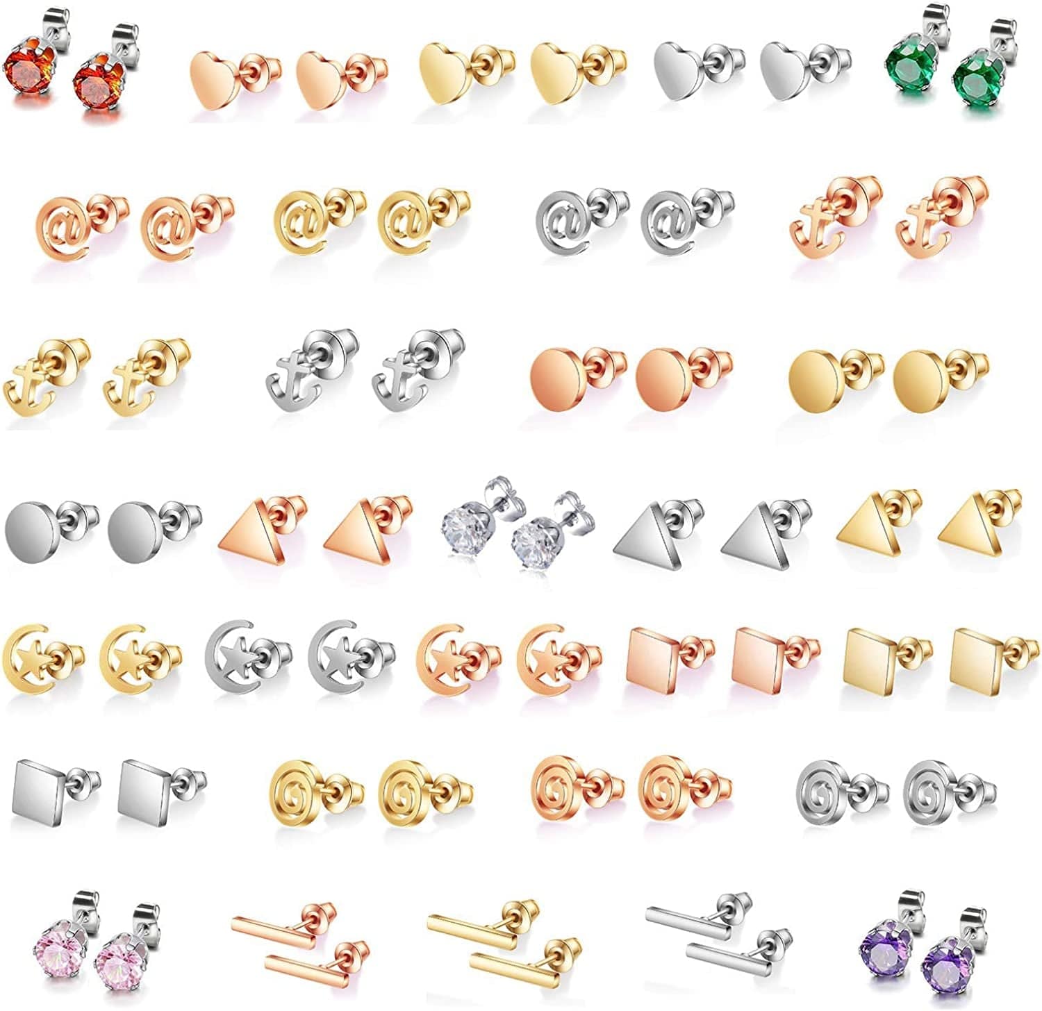 32 Pairs Assorted Stainless Steel Stud Earrings for Teens Girls Women-Cute Animal Faux Pearl Cat Elephant Sun Moon Star CZ Twise Heart Geometric Pattern Small Statement Bar Stud Earring Set #3