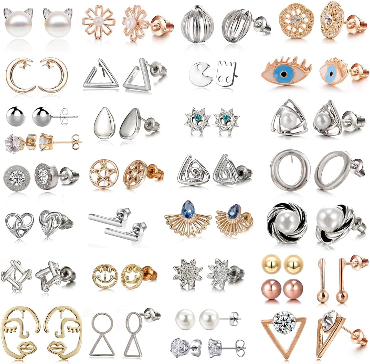 32 Pairs Assorted Stainless Steel Stud Earrings for Teens Girls Women-Cute Animal Faux Pearl Cat Elephant Sun Moon Star CZ Twise Heart Geometric Pattern Small Statement Bar Stud Earring Set #2