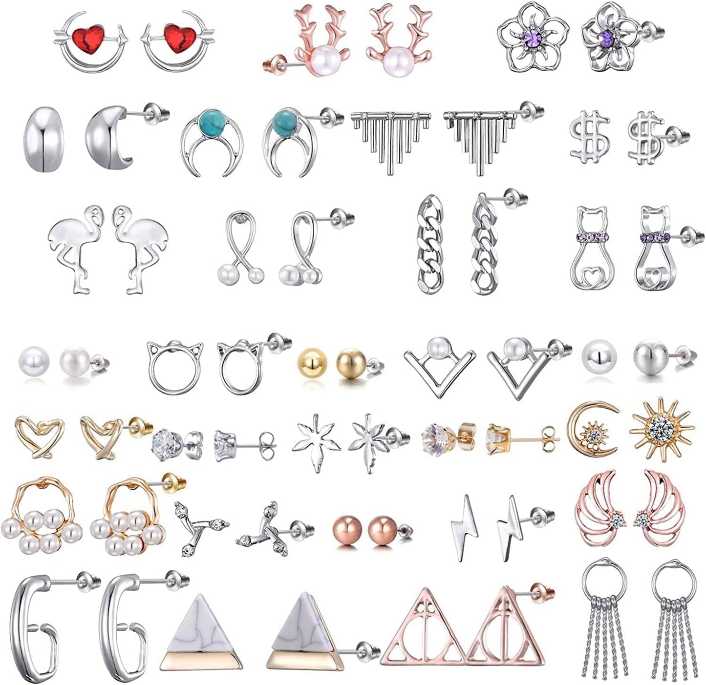 32 Pairs Assorted Stainless Steel Stud Earrings for Teens Girls Women-Cute Animal Faux Pearl Cat Elephant Sun Moon Star CZ Twise Heart Geometric Pattern Small Statement Bar Stud Earring Set #5