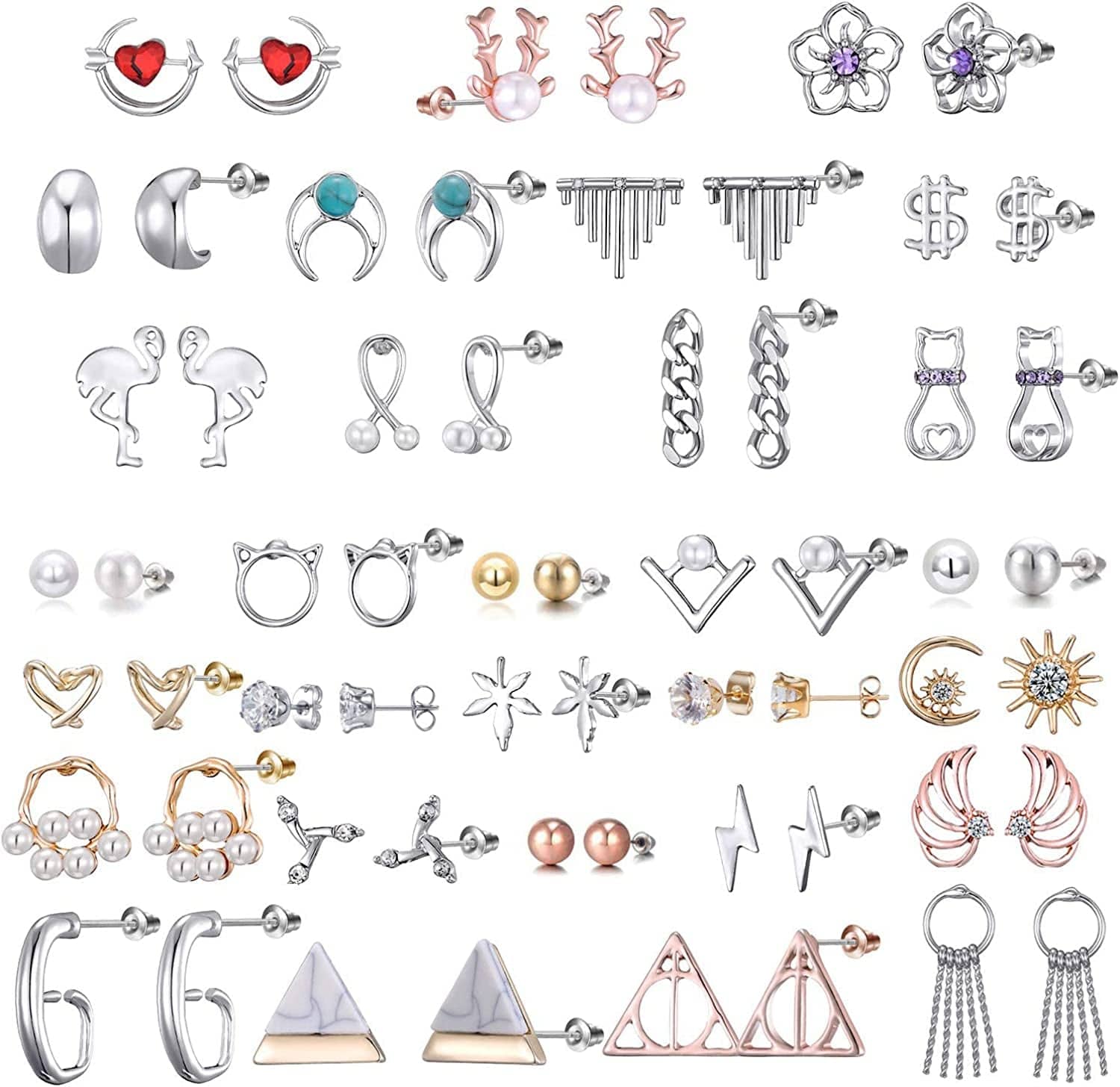 32 Pairs Assorted Stainless Steel Stud Earrings for Teens Girls Women-Cute Animal Faux Pearl Cat Elephant Sun Moon Star CZ Twise Heart Geometric Pattern Small Statement Bar Stud Earring Set #5
