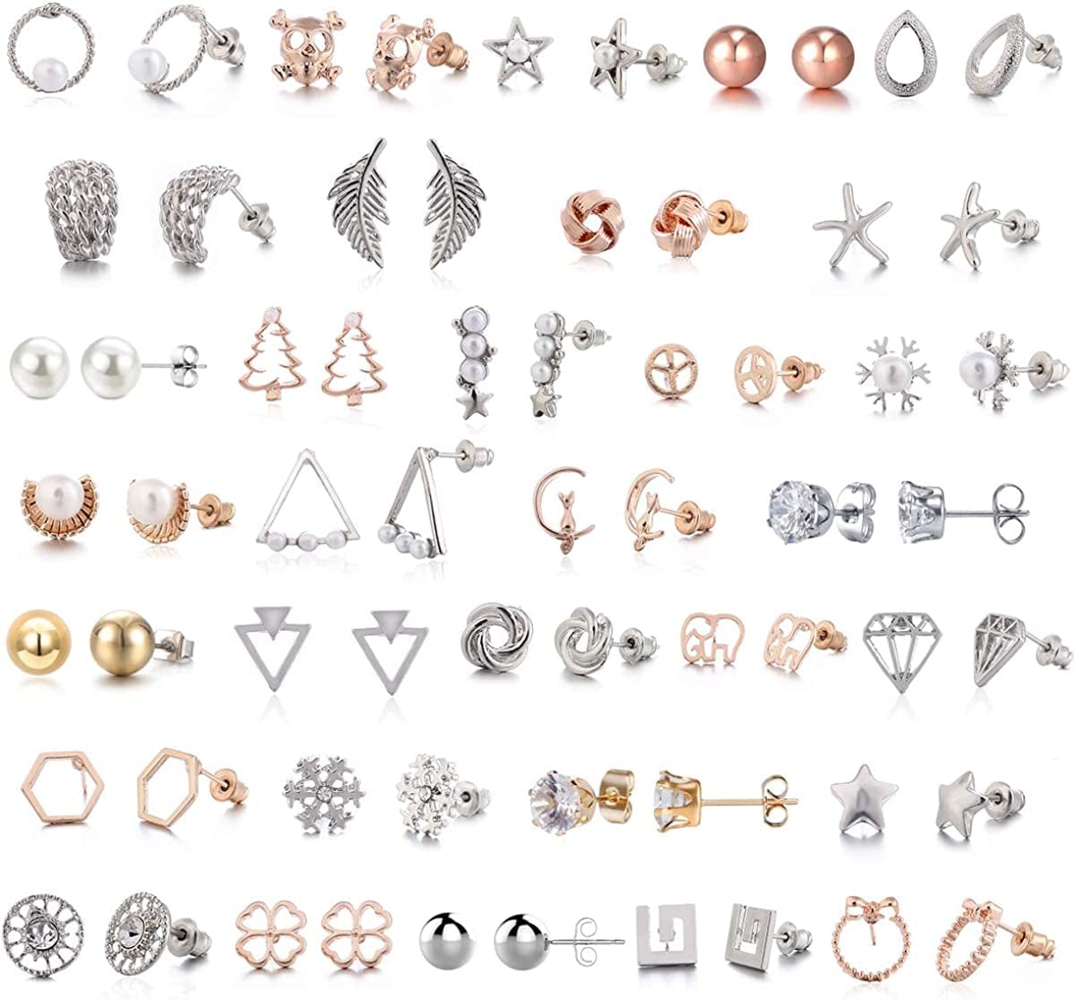 32 Pairs Assorted Stainless Steel Stud Earrings for Teens Girls Women-Cute Animal Faux Pearl Cat Elephant Sun Moon Star CZ Twise Heart Geometric Pattern Small Statement Bar Stud Earring Set #1